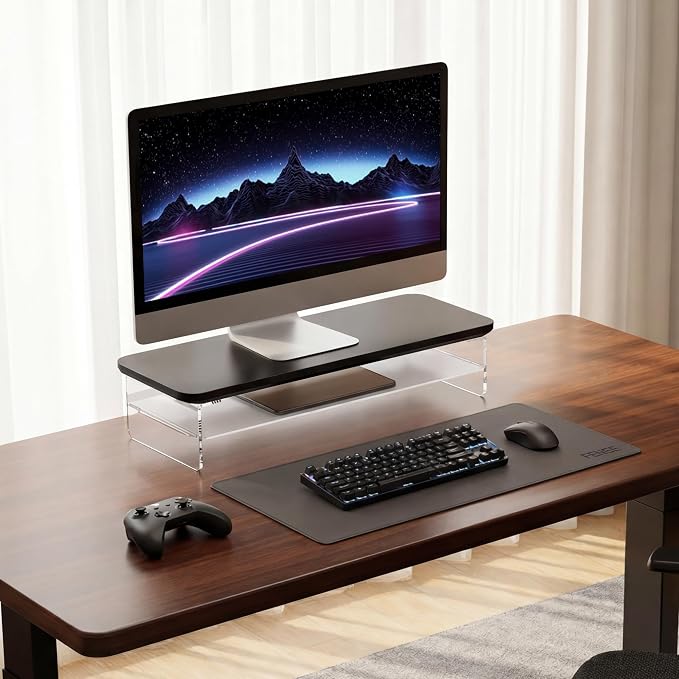 Fenge 23.6" Monitor Stand with Clear Acrylic Legs, Black | Clear acrylic, storage compartment, 2-tier home office monitor riser, wide large desktop shelf fit monitor/laptop/printer