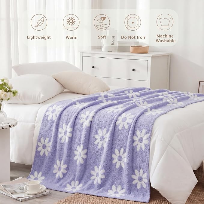 Soft Throw Blanket for Couch-Cozy Reversible Knitted Blankets | Lightweight Warm Fluffy Decor for Women, Mom, Her & Girls, Sofa, Chair, Bed, 50x60in,Daisy Floral Purple