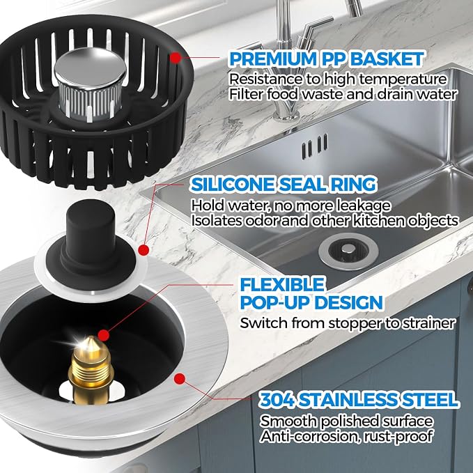 zaa 3 in 1 Kitchen Sink Drain Strainer Stopper Removable Basket Pop-Up | Kitchen Sink Accessories 1 Pack Black Stainless - Food Catcher, Odor-Blocking Seal, Fits 3.5" Drain, Easy Clean