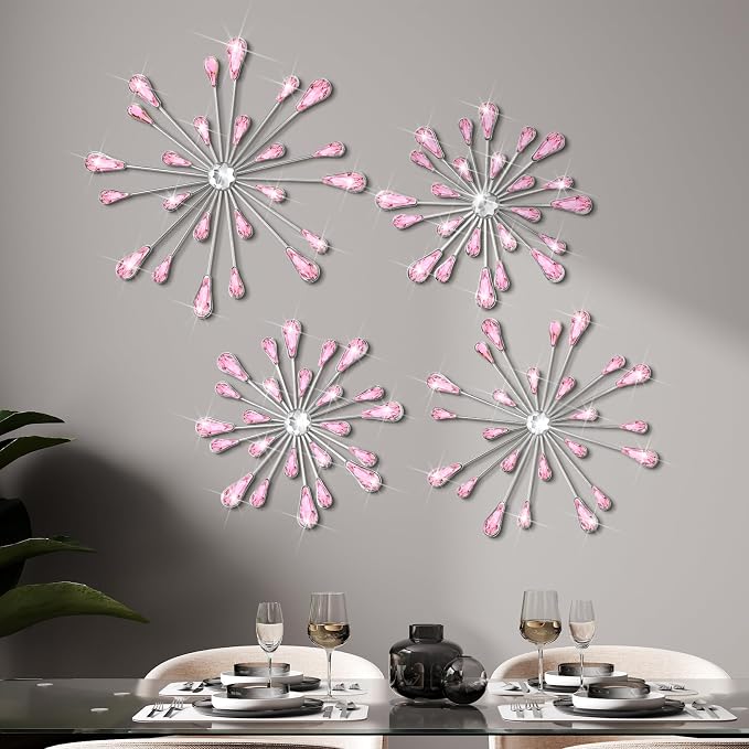 Hicarer 4 Pcs Starburst Wall Decor Bling Wall Art Crystal Teardrop 3D Hanging Rhinestone Radial Metal Artwork Modern Accent Sculptures Decorations for Living Room Home Office Bedroom(Pink)