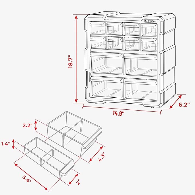 INTERTOOL Small Parts Organizer - 12 Removeable Bin Drawers - Tool Box for Storing Hardware and Garage Organization - For Screws, Bolts, Legos, Arts and Crafts - 10” x 10” x 6” - BX08-4024