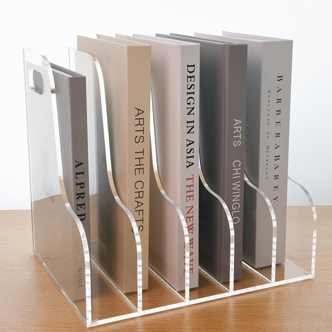 5 Vertical Compartments File Holder, Clear Acrylic Desk Organizer and Storage Bins Holding for Magazines, Binders, Notebooks, Envelopes, Multi-purpose Document Organizer for Home Office