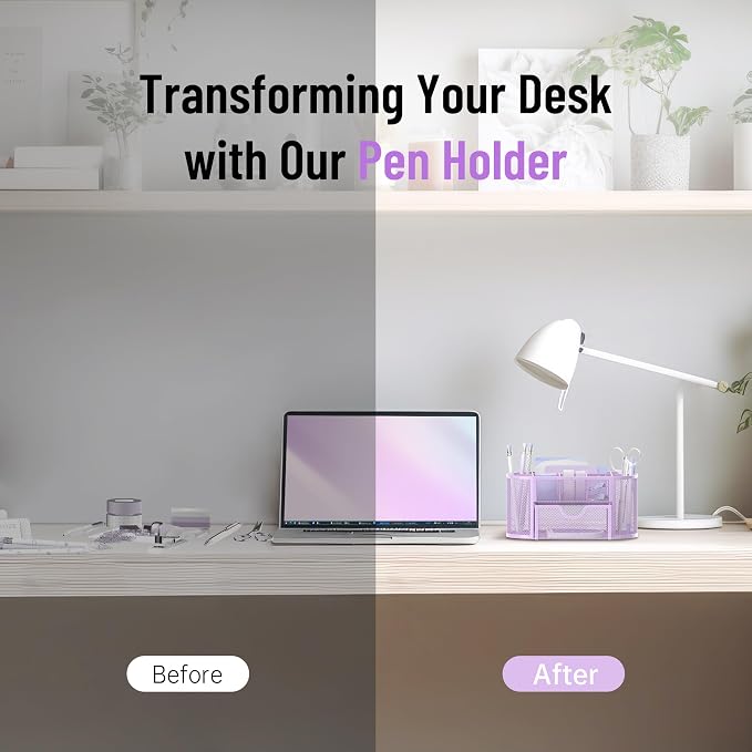 Mesh Desk Organizer with Drawer, 9-Compartment Pen Holder for Desk, Purple | Pull-Out Drawer Stores Pens, Pencils, Clips, Notes, and Small Office or School Supplies in One Compact Desk Caddy
