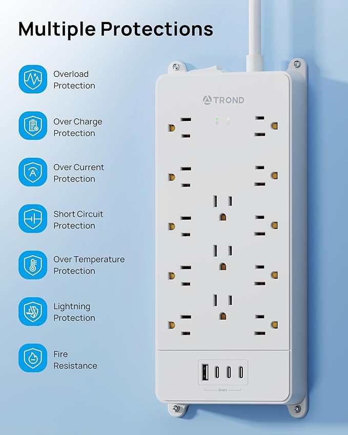 TROND 360° Rotating Flat Plug, Surge Protector Power Strip, 13AC Widely Spaced Outlets Expansion with 3 USB C Ports, 4000J, 15ft Extension Cord Heavy Duty, Wall Mount, Under Desk, ETL Listed, White