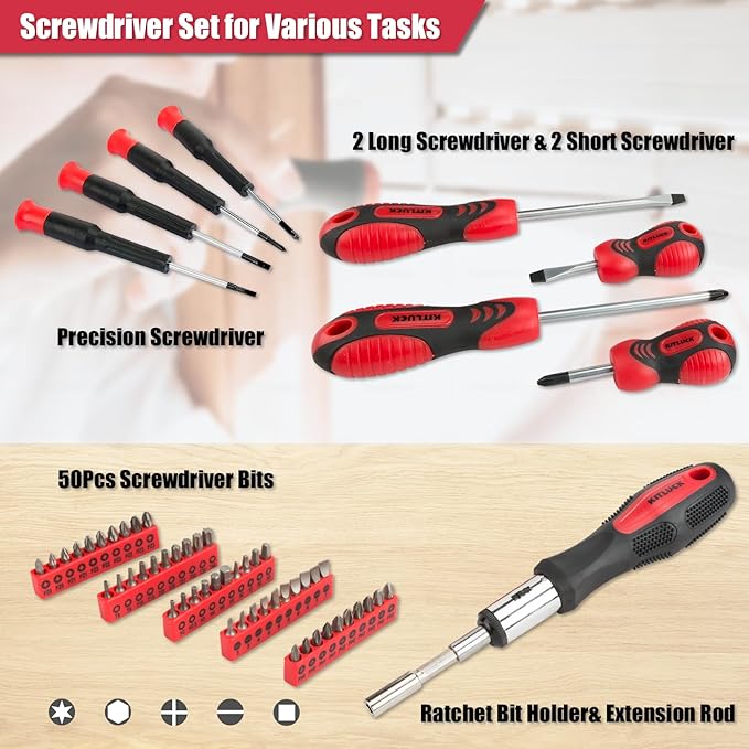 KITLUCK 228-piece Home Tool Kit, Household Hand Repair Tool Set for men, Portable Tool box Set with Tools (Screwdriver, Wrench, Plier, Socket, Harmer, Hex Key, Rule, Saw, Knife, etc.) for Home and Car
