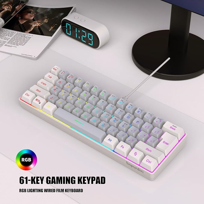 Snpurdiri 60% Wired Gaming Keyboard, 61 Keys RGB (White-Grey) | Small Ultra-Compact Backlit 60 Percent Gaming Keyboard for PC/Mac Gamer, Typist, Travel, Easy to Carry on Business Trip