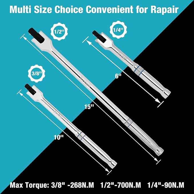 DURATECH 3-Piece Breaker Bar Set with 180° Rotatable Head, 6"-15" Lengths, Premium Chrome Alloy