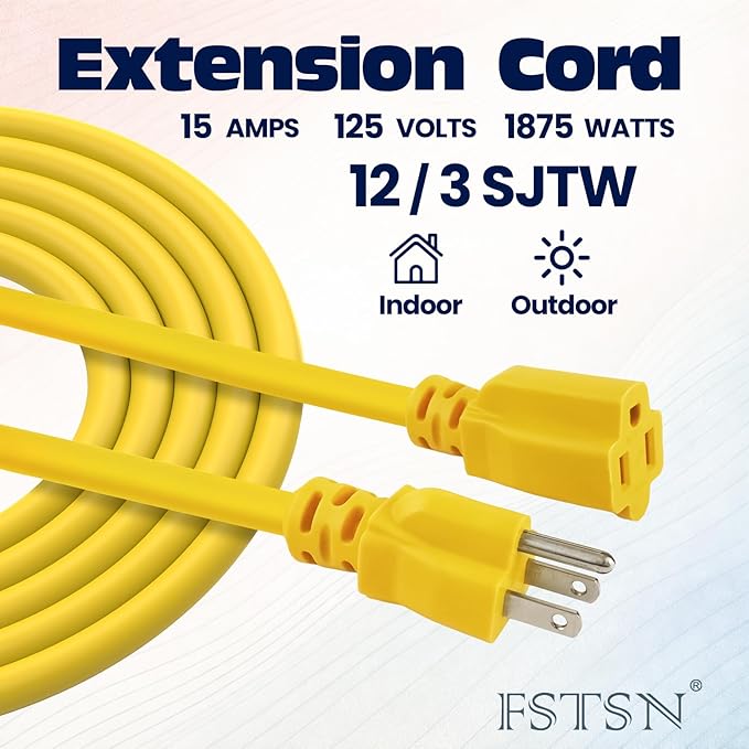 10 ft 12/3 Outdoor Extension Cord Waterproof Heavy Duty 12 Gauge 3 Prong, Flexible Cold-Resistant Long Power Cord Outside, 15Amp 1875W SJTW Yellow, for Christmas Lights ETL Listed.