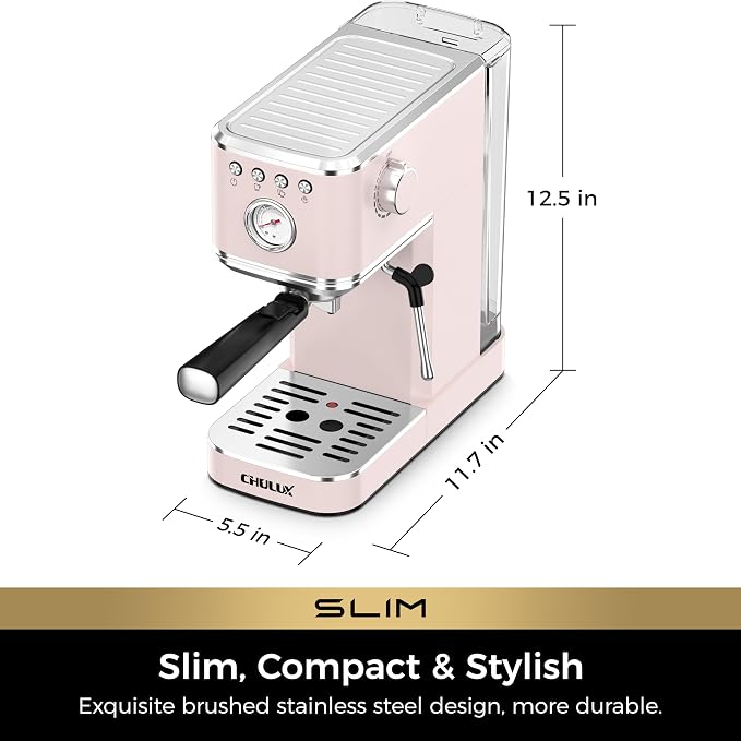 CHULUX Slim Espresso Machine with Milk Frother for Home Cappuccino, Pink | Precise Pressure Gauge, Food-Grade Materials, 20 Bar Italian Pump, Professional Temperature Control System, Stainless Steel
