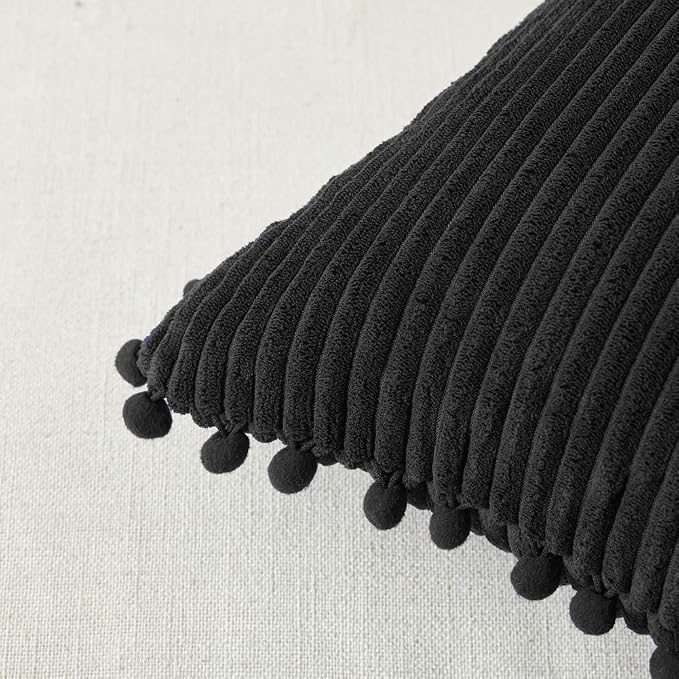 Fancy Homi 2 Pack Black Lumbar Decorative Throw Pillow Covers 14x24 Inch with Pom-poms for Couch Bedroom Sofa, Farmhouse Boho Home Decor, Soft Corduroy Solid Rectangle Cushion Case 35x60 cm