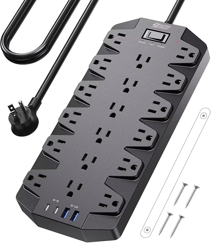 Surge Protector Power Strip, SUPERDANNY 18 AC Outlets with 4 USB Ports, 1875W/15A, 2100J, 6.5FT Flat Plug Heavy Duty Extension Cord with Wall Mount Holes for Home, Office, Gaming Room,Dorm, Black