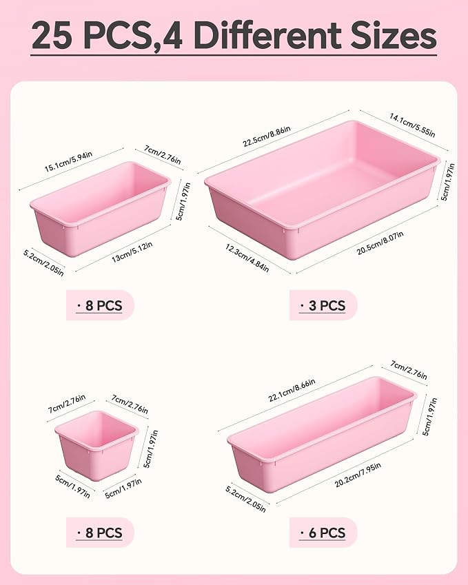 KEMETHY 25 PCS Plastic Drawer Organizers Set, 4 Sizes Vanity Organizer | Makeup and Desk Drawer Organizer Trays, Organization and Storage for Makeup, Bathroom, Kitchen Utensils and Office (Pink)