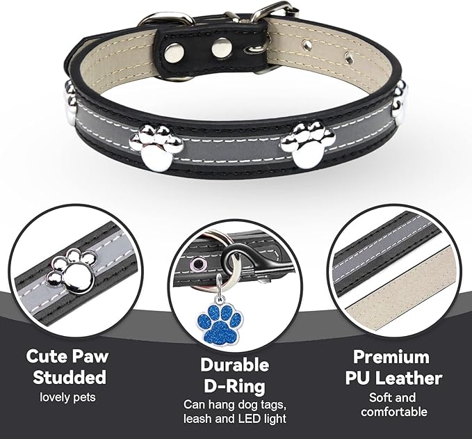 PETCARE Reflective Dog Collar with Cute Paw Rivet Studded Funny Soft PU Leather Adjustable Puppy Dog Collars for Small Medium Large Dogs Cats (Black,Large)