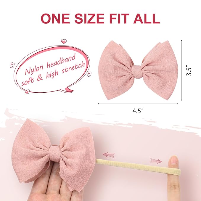 YanJie 4.5'' Nylon Bow Headbands for Baby Girls - Handmade Tied Bows Hair Accessories for Infants and Toddlers - 10 Pieces