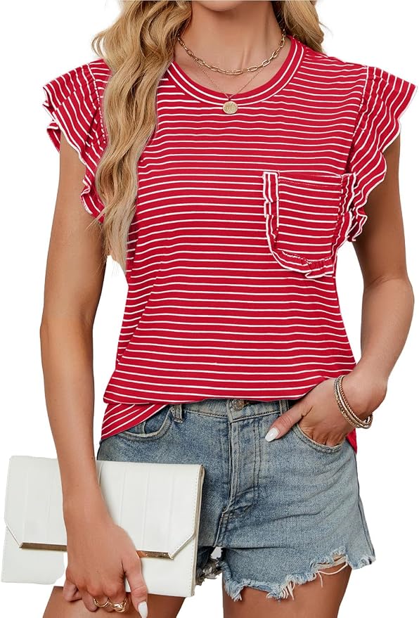 JUSTFASHIONNOW Womens Summer Tops Striped T-Shirts 2026 Ruffle Short Sleeve Crew Neck Casual Blouses with Pocket