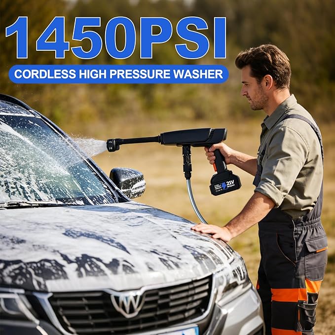 Cordless Pressure Washer Battery Powered, Cordless Power Washer, 1450 PSI Portable Handheld Power Washer with Brushless Motor, 6-in-1 Nozzel, 2pcs 4.0Ah Battery Pressure Washer for Car, Home