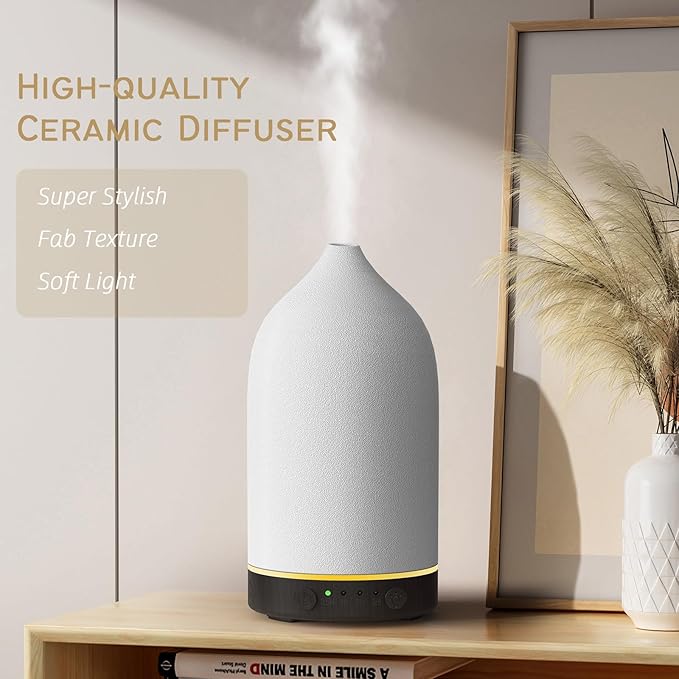 Diffuserlove Ceramic Diffuser 160ML Essential Oil Diffusers Aromatherapy Essential Oil Diffuser for Room Air Diffuser for Home Bedroom Stone Diffuser Black Wood Pattern Base (Size:6.8" H x 3.6" W)