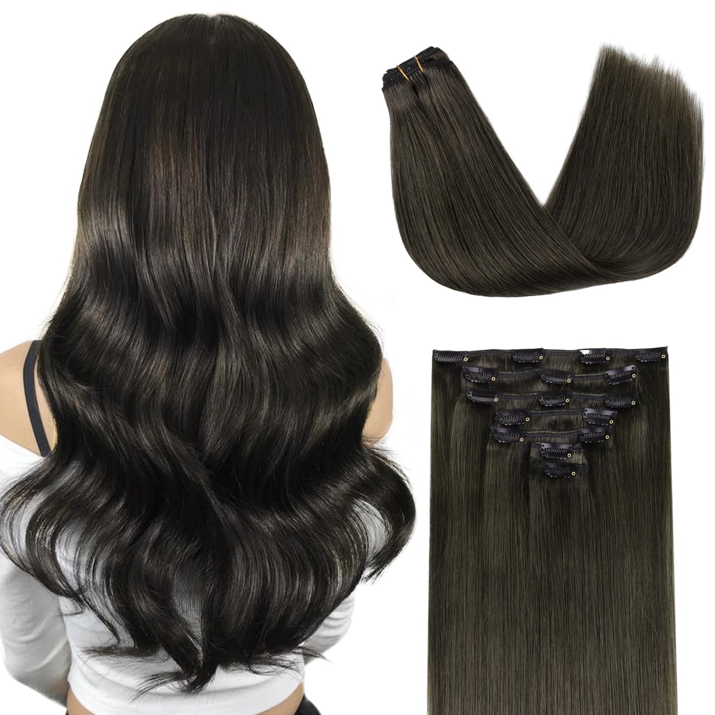 Doores Human Hair Extensions Clip Ins, Mocha Brown 14 Inch 7Pcs 120G, Clip In Remy Hair Extensions Natural Human Hair Extensions