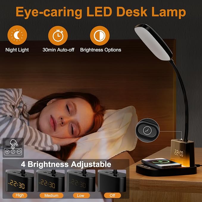 10W Wireless Charging LED Desk Lamp with Clock, Light Black | CRI 95, 800LM, Stepless Dimming, 3 Modes, 360°Flexible Arm, Touch, Study Table Lamp for Home Office, Dorm Room, with Adapter