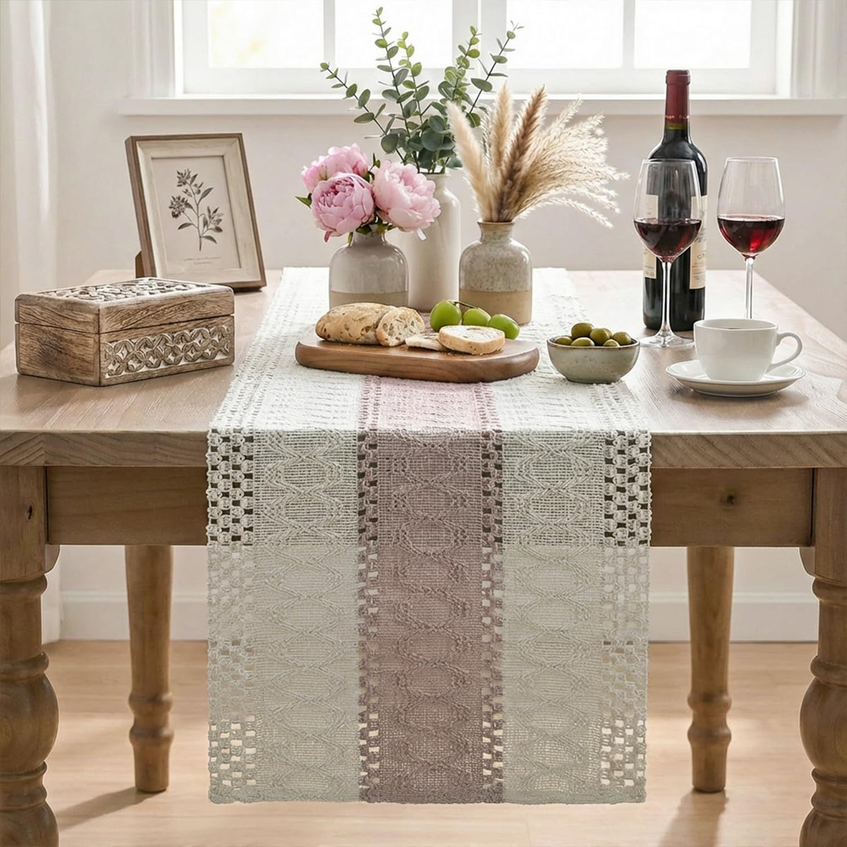 Artoid Mode Pink Farmhouse Rustic Table Runner, Seasonal Holiday Hollow Kitchen Dining Table Decoration for Home Party Decor 12x72 Inch