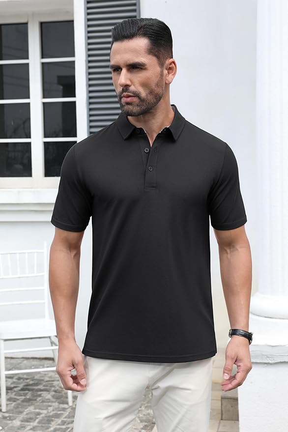 MAGCOMSEN Men's Polo Shirts Short Sleeve Cotton Pique 3 Button Classic Fit Casual T-Shirt Performance Golf Shirts
