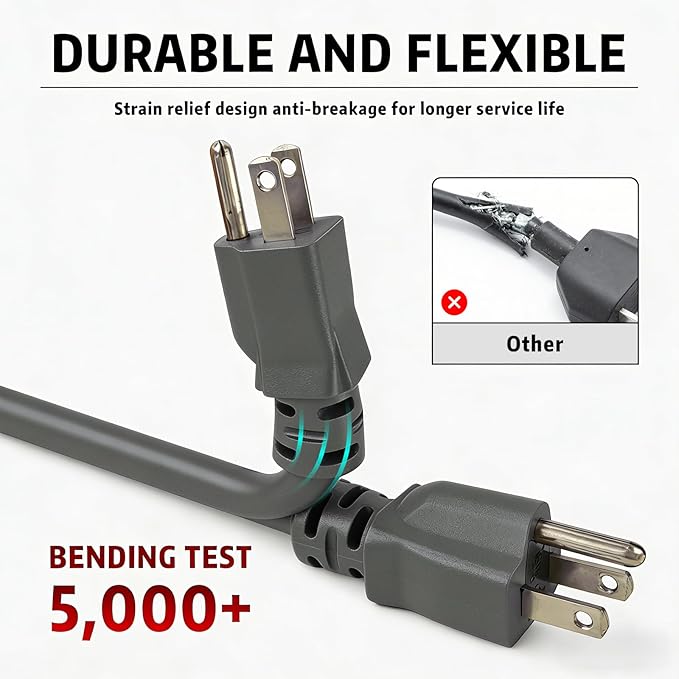Indoor Extension Cord, 12 Gauge 3 Prong Weatherproof Heavy Duty Gray Extension Cords, 12/3 SJTW 15A 3 FT Extension Cable for Garage, Garden and Home