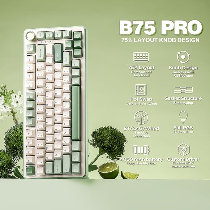 YUNZII B75 PRO 75% Wireless Mechanical Keyboard(Matcha Green,MilkV2) | Hot Swap Keyboard with Knob, Gasket Mount, Creamy Pre-lubed Switch for Smooth Typing, BT/USB-C/2.4G, for Gaming