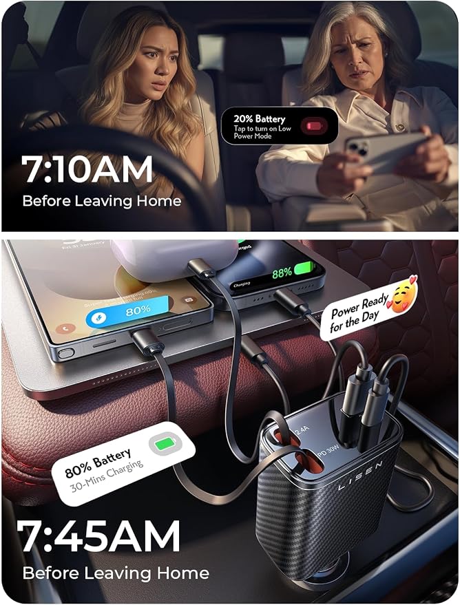 LISEN Retractable Car Charger, 84W Car Charger USB C Fast Charger Adapter, Car Accessories for Men Women, Gifts for Fathers Day for Men Dad Husband, for iPhone 17 16 15 14 13 12 Pro Max, Carbon-Black | Car Accessories, Compatible with iPhone 17 16 15 1...