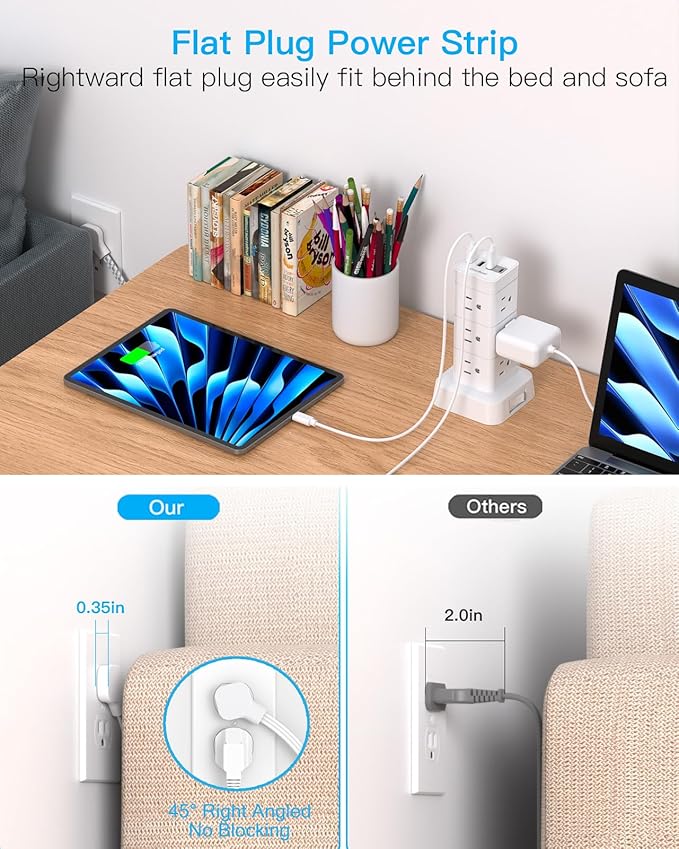 Surge Protector Power Strip Tower, 12 Outlets 4 USB (2 USB C) Desktop Charging Station for Multiple Devices, 6Ft Flat Plug Extension Cord with Multiple Outlets, Home Office College Dorm Essentials