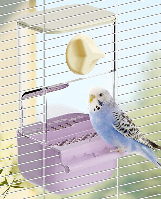 BNOSDM No Mess Bird Cage Feeders Automatic Bird Feeder Parrot Cage Accessories Transparent Seed Food Container with Perch for Finches, Parakeets, Budgies, Lovebirds, Cockatoos, Canaries（Purple）