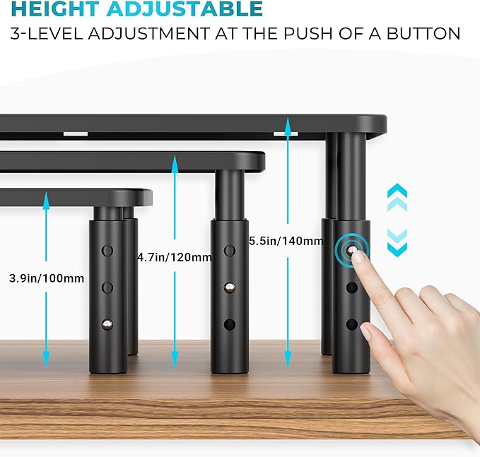 BONTEC 1 Pack 3 Height Adjustable Monitor Stand Riser with Pen Holder, Ergonomic Metal Laptop Stand with Cable Management, Desktop Stand for Computer, Printer (Black, 14.3” x 9.1”)
