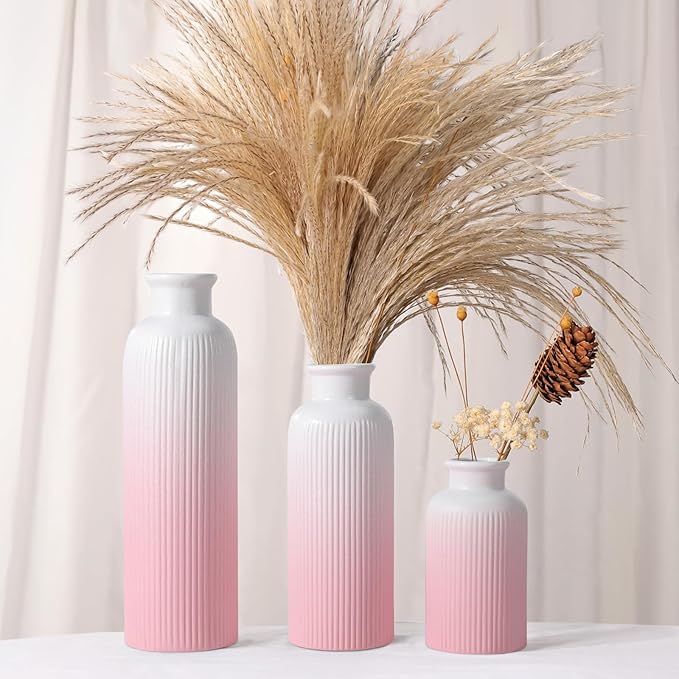 Small Gradient Pink Ceramic Vase Set of 3, Boho Modern Flower Vase Room Decor, Farmhouse Decor, Vases for Your Kitchen, Bathroom, Bedroom, Living Room, Office&Shelf Centerpiece Table Decorations