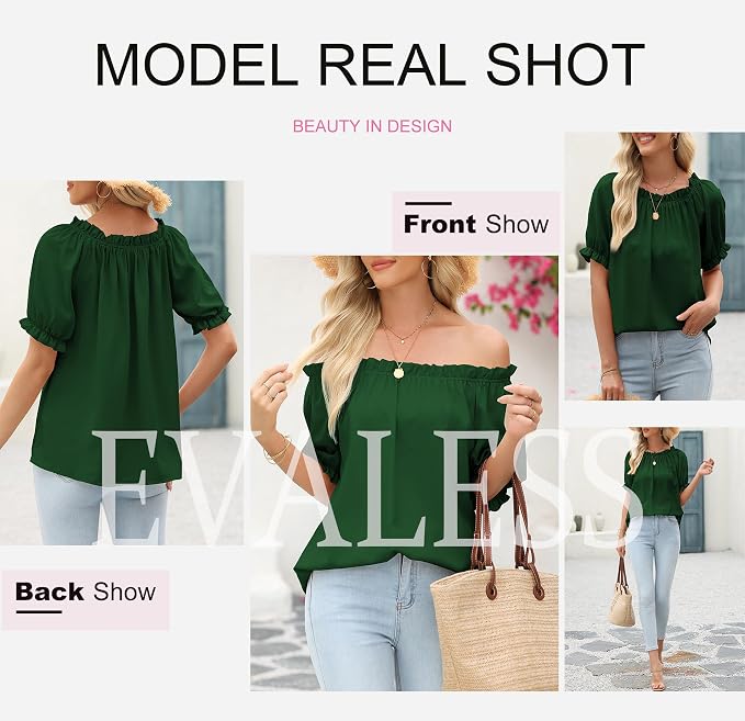 EVALESS Womens Tops Off The Shoulder Blouses for Women Dressy Casual Cute Puff Sleeve T Shirts Fashion 2026
