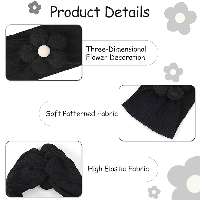 CÉLLOT Baby Girl Headband and Socks, Non-Slip Floral Socks and Soft Floral Nylon Hairbands for Babies Infants and Toddlers(White,Blue,Black)