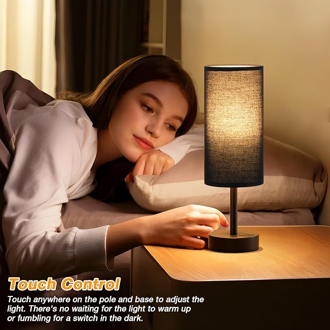 Dicoool Bedside Table Lamp for Bedroom - 3-Way Dimmable Touch Lamp, USB A+C | LED Bulb Included, 14" Small Nightstand Lamp for Desk, Living Room, Guest Room, Black Fabric Lampshade, Black Metal Base