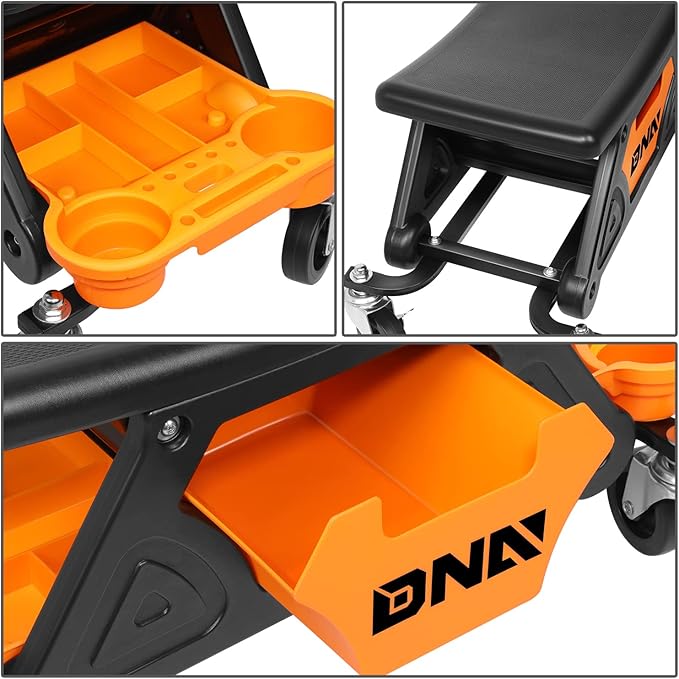 DNA Motoring TOOLS-00189 Mechanic Stool - 25-1/2" x 13" x 12" (L x H x W), Rolling Work Seat w/Lockable Swivel Wheels and Storage Tool Tray