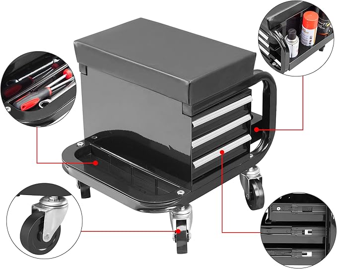 Torin APD2016AB Rolling Tool Chest/Tool Box with 3 Drawers and Wheels, Padded Mechanic Stool Creeper Seat, Black