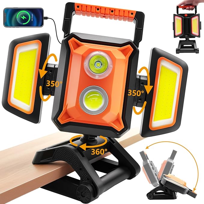 4000LM LED Work Light Rechargeable with Clamp, 40W Magnetic Work Light Battery Powered with 5 Light Modes, 350° Rotation, Portable Job Site Lighting for Construction Site,Workshop,Car Repairing