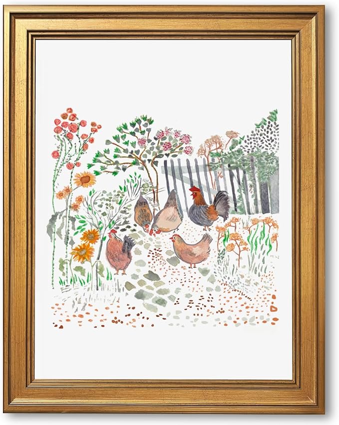 Framed Cottagecore Chicken Wall Art Painting Farmhouse Hens Print Rustic Country Farm Illustration Picture Poster Vintage Pastoral Canvas Artwork Aesthetic Cottage Home Kitchen Room Decor 16x20inch