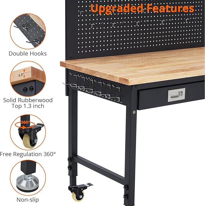48" Workbench Heavy Duty, Adjustable Height Workstation with Drawer Storage, Backplate, 2000 LB Load Capacity, Multipurpose Rubber Wood Shop Table with Power Outlets, Hooks, Garage Storage