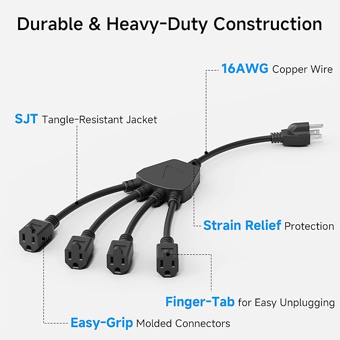 Cable Matters 2-Pack 4 Outlet Power Splitter Cord - 1.5ft, NEMA 5-15P to NEMA 5-15R Y Power Cord Splitter, 16 AWG Outlet Saver, 4 Way ExtensionCord, 1.5 Feet