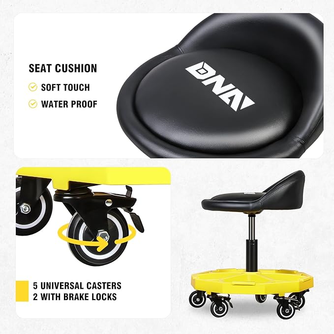 DNA Motoring 350 LBS Rolling Garage Stool, 20.5'' to 25.2'' Adjustable Height Foam-pad Seat, Round Tools Stool, Heavy Duty 3'' Wheels with 2 Brakes, TOOLS-00431