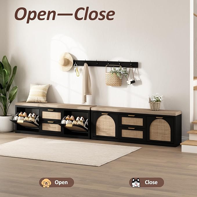 Rattan Narrow Entryway Bench with Shoe Storage, 4 Drawers & Coat Rack, Mid-Century Modern Wood Shoe Cabinet with Seat Cushion for Foyer/Hallway (Black)