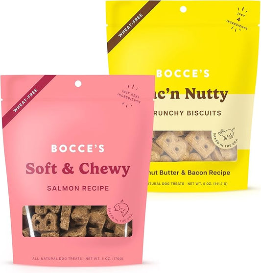 Bocce's Bakery Salmon Cookie + Bac’n Nutty Biscuit Dog Treat Bundle – Natural, Wheat-Free Biscuits and Soft & Chewy Cookies Made with Real Ingredients and Baked in The USA – 2 Pack Bundle