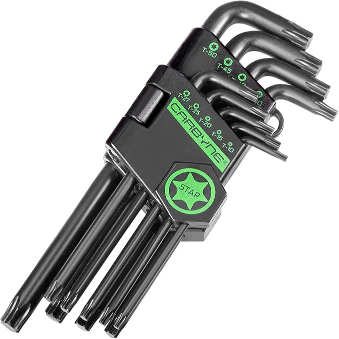 Carbyne 9-Piece Long Arm Torx Wrench Set (Star Key Set), T10 to T50 Sizes, Heat Treated S2 Steel, Manganese Phosphate Finish