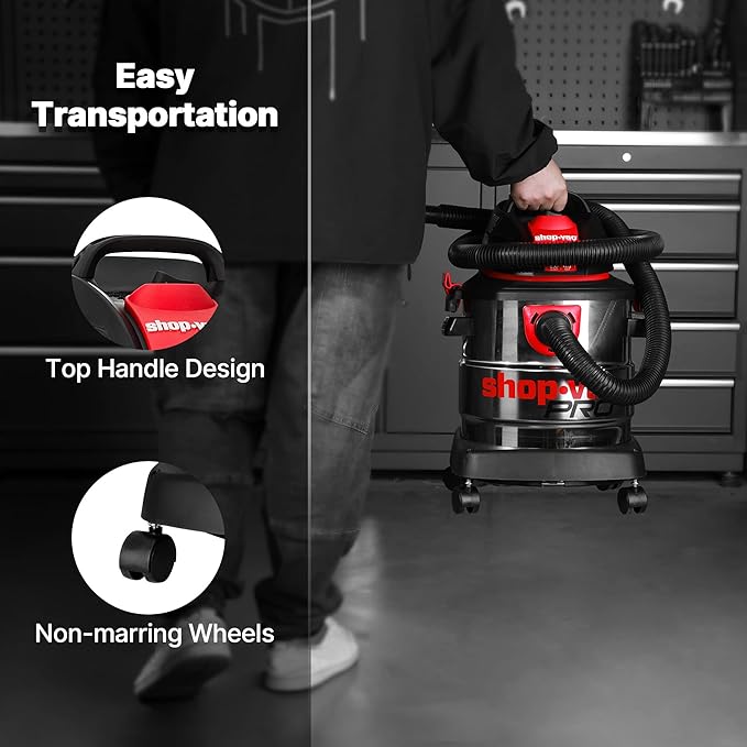 Shop-Vac 5 Gallon 4.5 Peak HP Wet/Dry Vacuum, Stainless Steel Tank, Portable Shop Vacuum 2-in-1 AC Drain Line Unclogger Tool, Universal Fit HVAC Drain Line Adapters for Vacuums