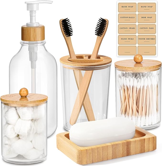 Bamboo Bathroom Accessory Set 5 Pcs, Boho Bathroom Accessories Sets Complete, Clear Bath Soap Dispenser and Toothbrush Holder Set, Soap Dish, Cotton Swab Jar, Boho Organizer