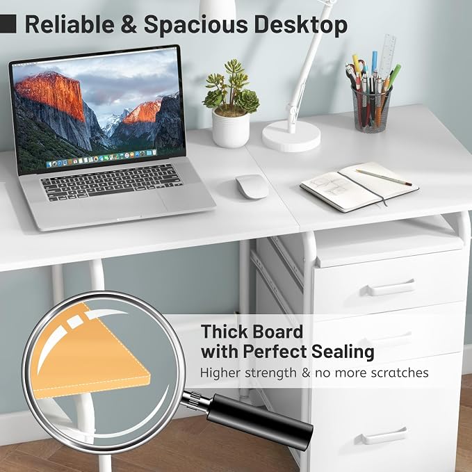 Folding Computer Desk with 6 Wheels, 41.5" Modern Steel Collapsible Home Office Desk with 3 Storage Drawers, Portable Writing Laptop Desk for Bedroom, Study, Small Space, Home Office, White