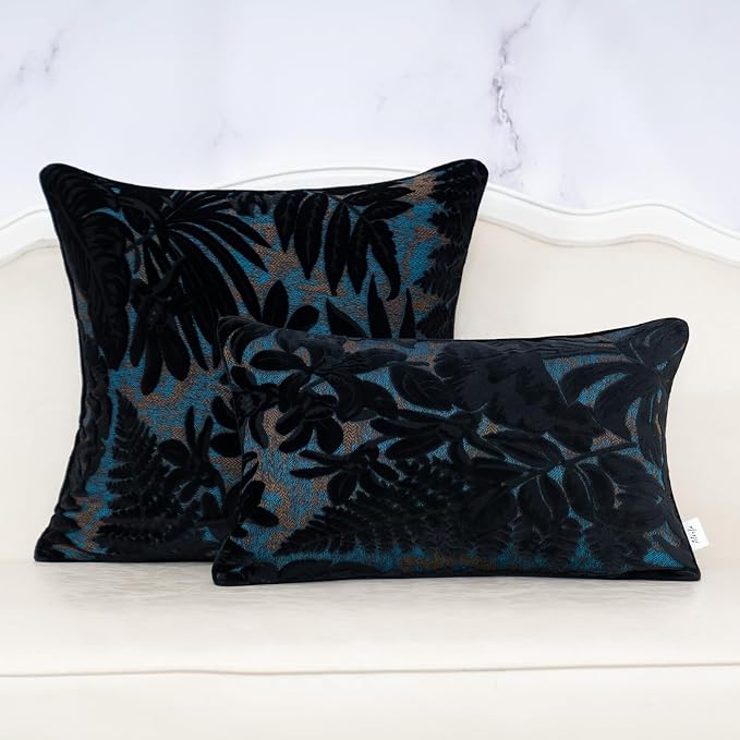 Alerfa Black Throw Pillow Cover 12x20 Inch, Rectangle Cut Velvet Maple Leaf Embroidery Luxury Farmhosue Lumbar Decorative Pillow Cover for Couch Living Room Bedroom