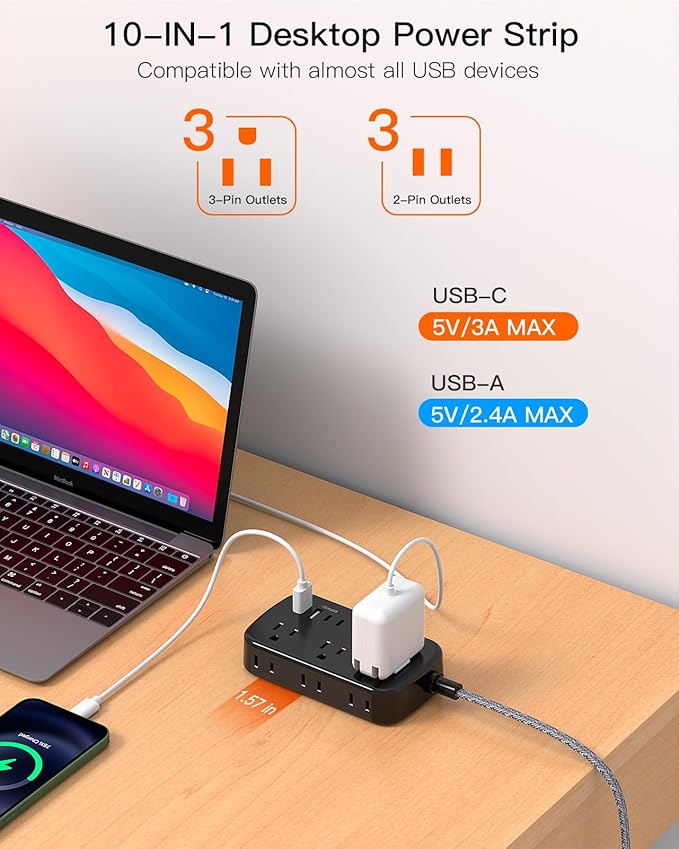Black Extension Cord 10 ft, BESHON Flat Plug Power Strip with USB C, Ultra Thin Flat Plug Extension Cord - 6 Outlets with 4 USB Ports(2 USB C), Power Strip for Dorm Room Travel Essentials